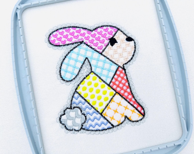 Adorable Patchwork Bunny with Lace edge kids baby girls outfit patterned Bunny outline machine embroidery designs many sizes 3 up to 8 inch