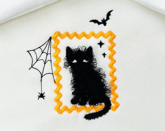 Halloween Kitty Cat with Spider Web and Bat in Frame machine embroidery designs sizes 4 up to 5.5 inch kids baby girls scary spooky Kitten