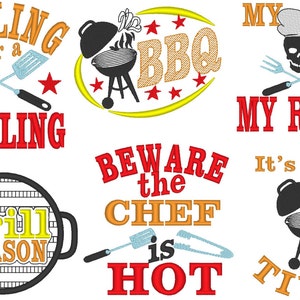 Delantal de barbacoa para hombre, juego de 6 tipos de delantales con frases para asar a la parrilla, diseños de bordado a máquina para toallas, delantales, un regalo increíble para él y papá.