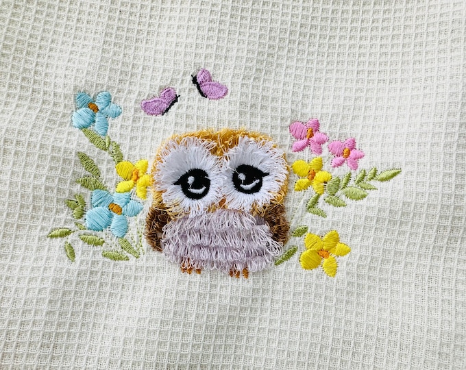 Fringed cute fluffy Owl flower garden floral summer machine embroidery designs chenille fur fringe in the hoop kids girls outfit wild bird