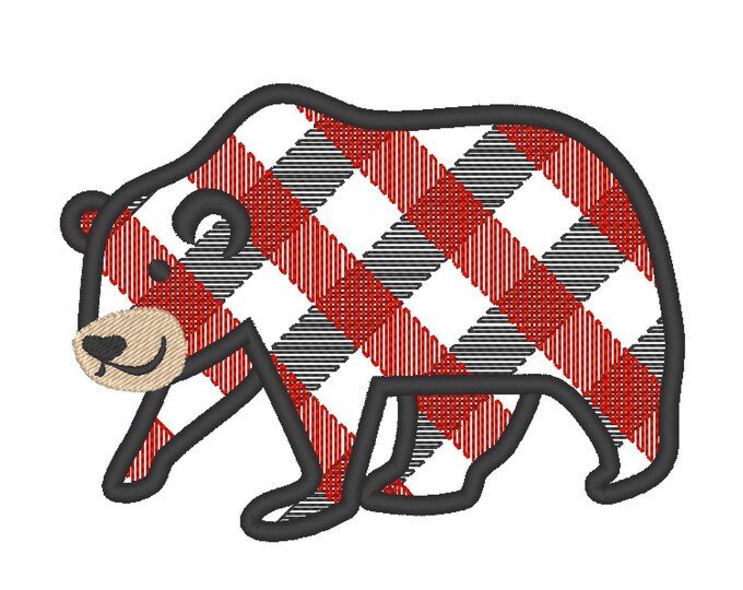 Gingham Plaid Bear Silhouette outline Applique Machine embroidery designs assorted sizes for hoop 4x4 and 5x7