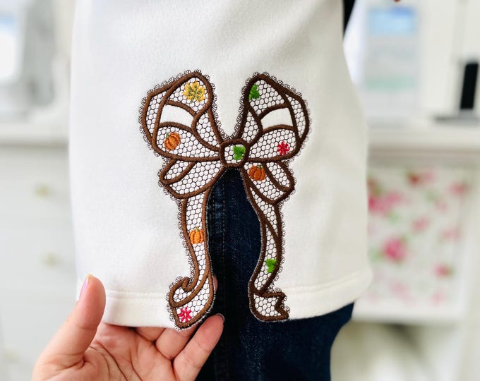 Thanksgiving Fall Pumpkin Bow split side seam cutout side bow lace effect Applique machine embroidery designs girls tshirt sweatshirt design