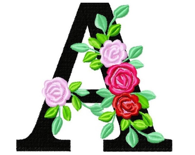 Roses floral Individual letter A garden flag monogram roses crown flowers flower Font machine embroidery design 2, 3, 4, 5, 6, 7, 8 in