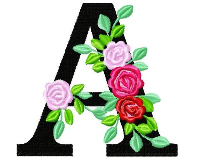 Roses floral Individual letter A garden flag monogram roses crown flowers flower Font machine embroidery design 2, 3, 4, 5, 6, 7, 8 in