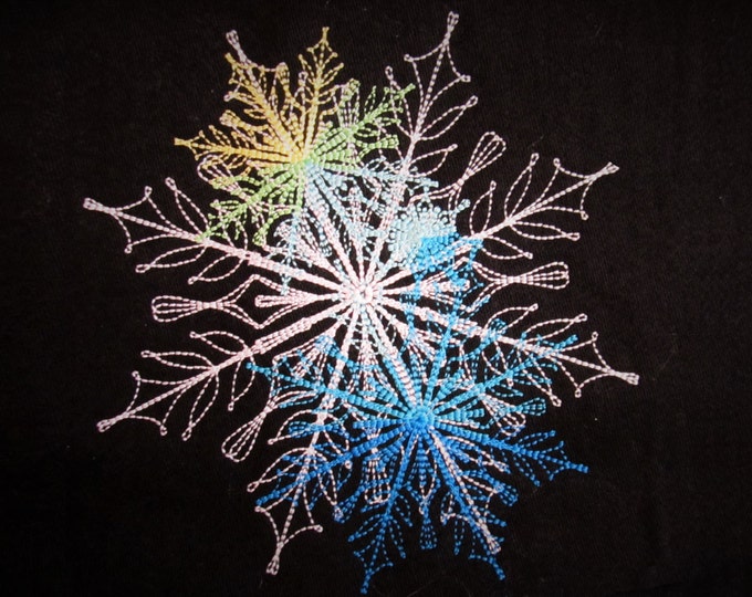 Flurry of lacy urban unique snowflakes, Glowing lacy rainbow snowflake embroidery 4x4 5x7 and 6x10 winter decor a unique and lovely look