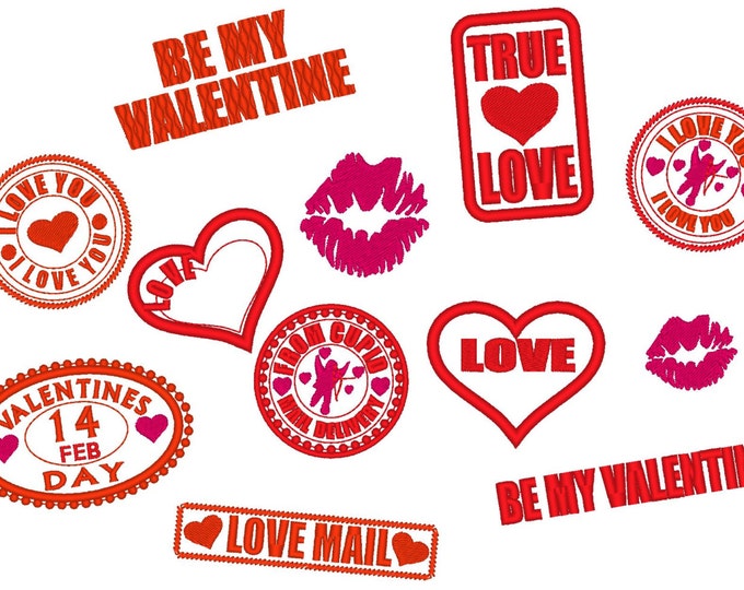 Valentine Day Retro Stamps machine embroidery designs, multiple sizes