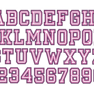 May include: A white alphabet and numbers with a pink and purple outline. The letters and numbers are in a varsity style font.