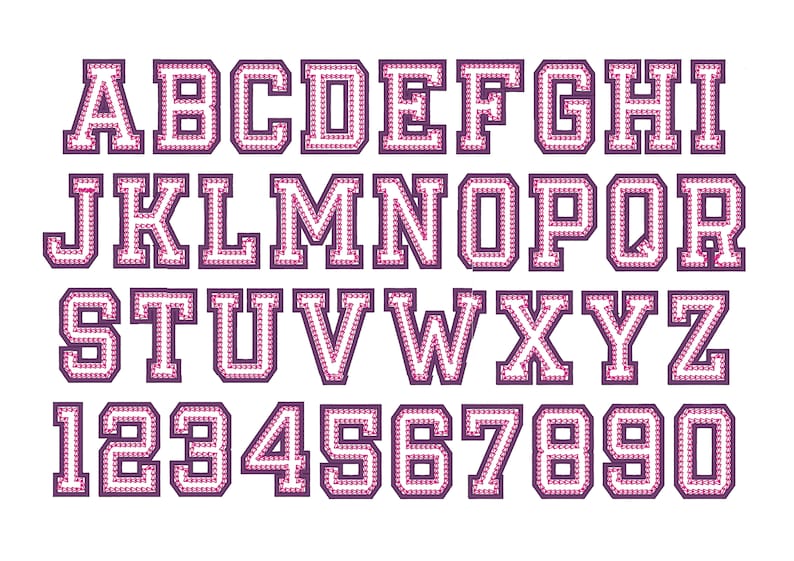 May include: A white alphabet and numbers with a pink and purple outline. The letters and numbers are in a varsity style font.
