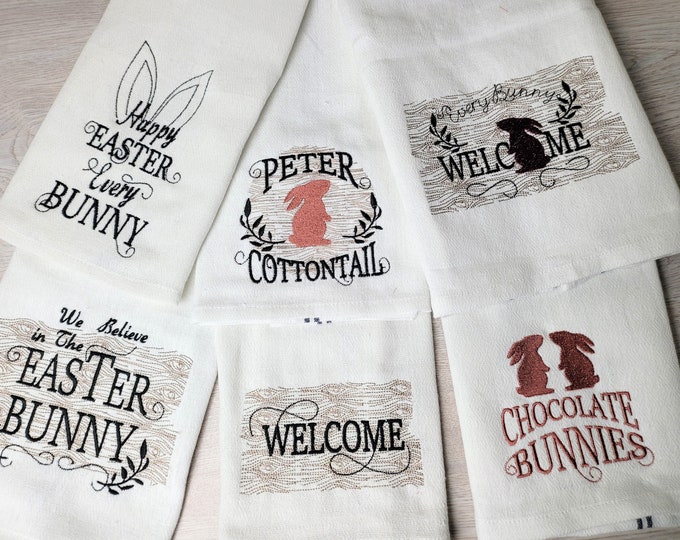 Woodland Easter Bunny cottontail welcome sweet home Kitchen towel embroidery SET of 6 machine embroidery designs dish towel saying quote