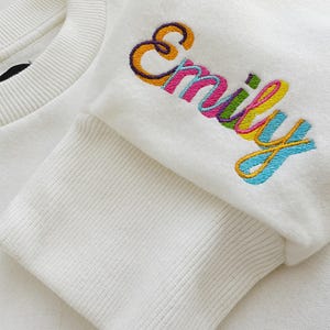 May include: White sweatshirt with a colorful embroidered name "Emily" on the front.