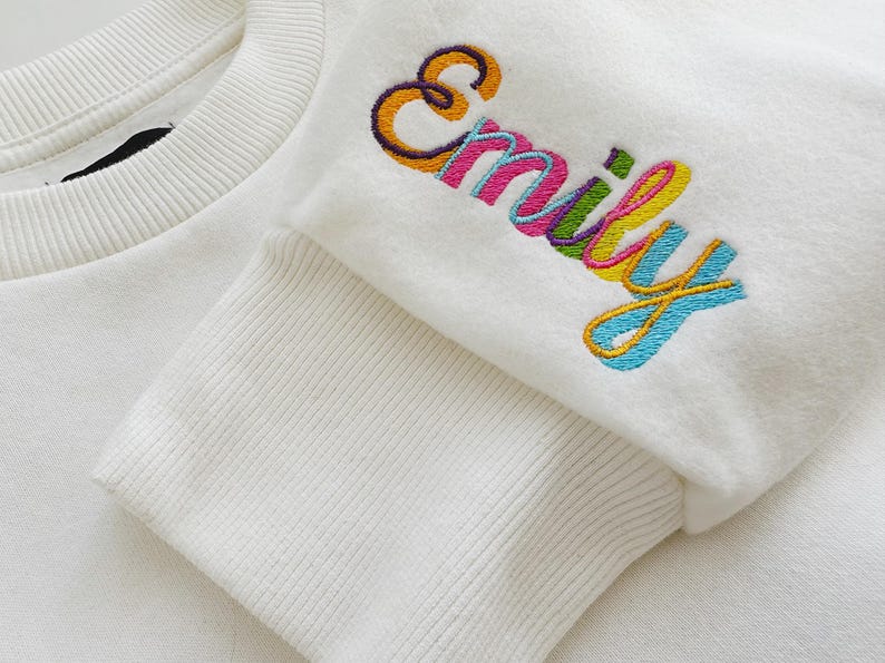 May include: White sweatshirt with a colorful embroidered name "Emily" on the front.