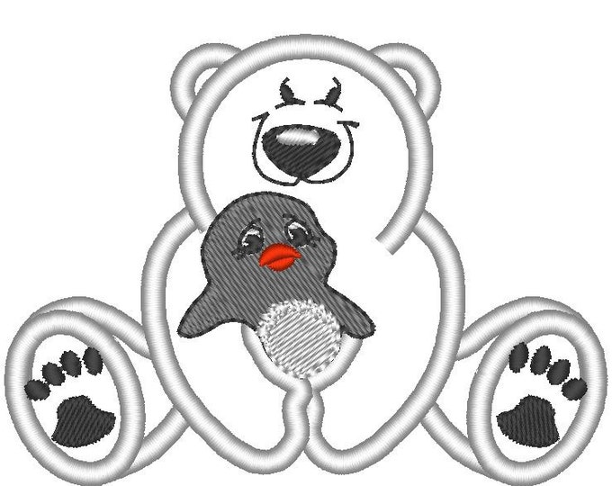 White bear with penguin - machine embroidery applique and fill stitch designs - INSTANT DOWNLOAD for hoop 4x4, 5x7