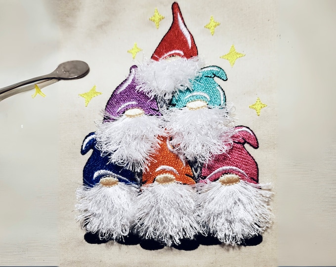 Christmas Gnomes stack of 6 fringed beards machine embroidery designs Fringed Fluffy Christmas theme Gnome design in sizes 5, 6, 7 inches