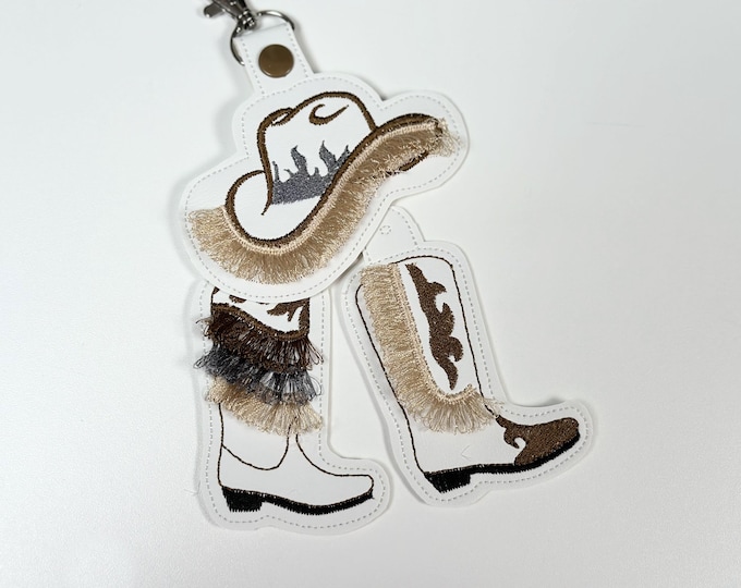 Fringed Hot Cowboy Boots and Hat key fob snap tab and Eyelet SET of 3 designs keychain in the hoop machine embroidery designs ITH project