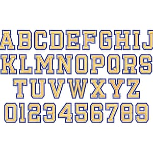 Puede incluir: Un conjunto de letras y números de color dorado con un contorno azul. Las letras están en una fuente en negrita y de bloque. Los números están en una fuente similar.