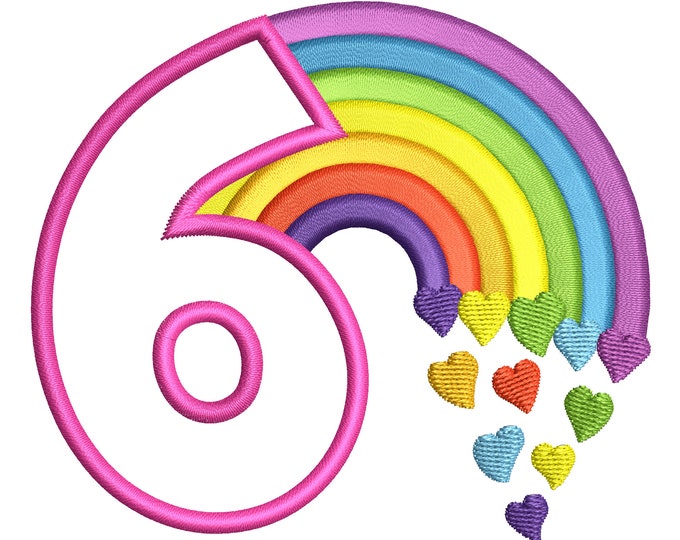 Cute Rainbow Birthday Number 6 SIX machine embroidery applique designs size 4, 5, 6 and 7 inches, rainbow baby birthday number 6