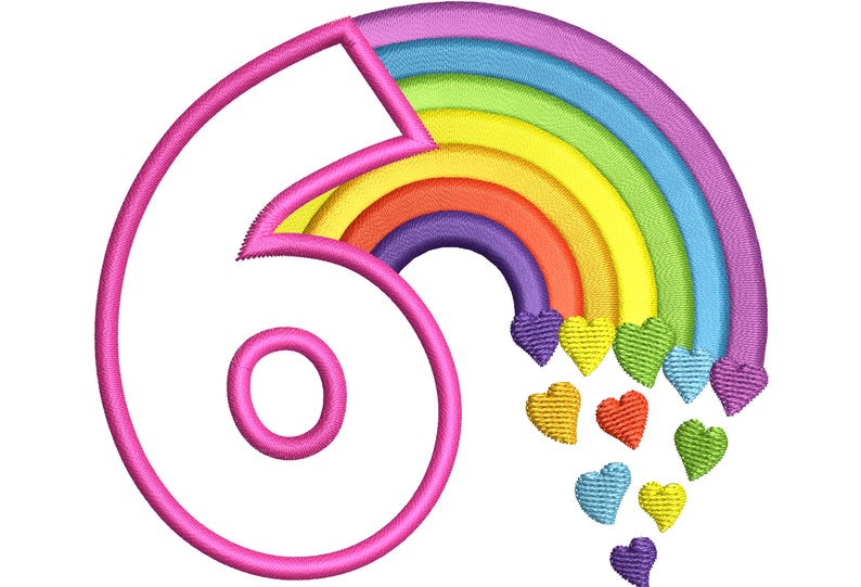 Cute Rainbow Birthday Number 6 SIX machine embroidery applique designs size 4, 5, 6 and 7 inches, rainbow baby birthday number 6 image 1