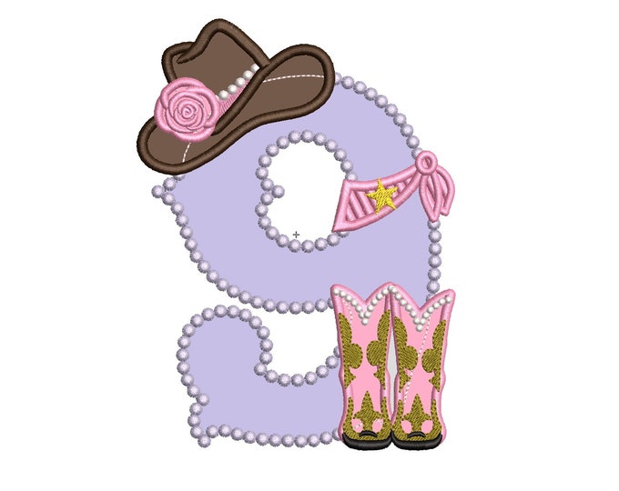 Lady Cowboy Birthday number NINE 9 - one number - machine embroidery applique designs for hoop 5x7 pretty farm girl cowgirl birthday party