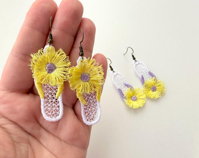 Summer Beach Flip Flops 2 types fringed flower girls pretty earrings charm in the hoop FSL freestanding lace machine embroidery designs ITH