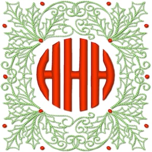 Christmas holly classy circle Monogram Frame machine embroidery designs gift idea for bag pillow towel tote bag, size 4x4, 5x5, 6x6, 8x8