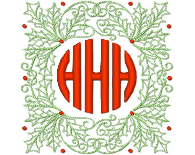 Christmas holly classy circle Monogram Frame machine embroidery designs gift idea for bag pillow towel tote bag, size 4x4, 5x5, 6x6, 8x8
