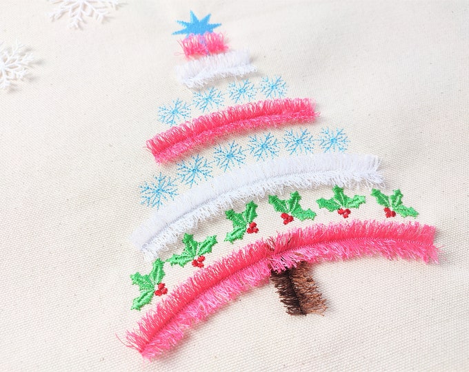 Extraordinary Fringed fluffy Christmas tree ITH in the hoop cute fluffy fringe Xmas tree spruce machine embroidery designs in assorted sizes