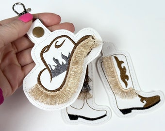 Fringed Hot Cowboy Boots and Hat key fob snap tab and Eyelet SET of 3 designs keychain in the hoop machine embroidery designs ITH project