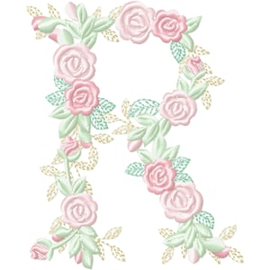 Delicate Roses Floral letter R garden flag monogram floral initial flower flowered Font machine embroidery designs 3.5, 4, 5, 6, 7, 8 in