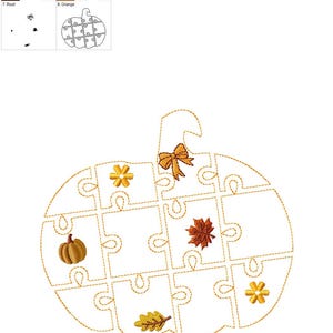 May include: An embroidered pumpkin-shaped puzzle with a bow, pumpkin, and leaf accents. The puzzle pieces are outlined in gold thread, and the design includes various fall-themed elements. The image is a digital embroidery design.