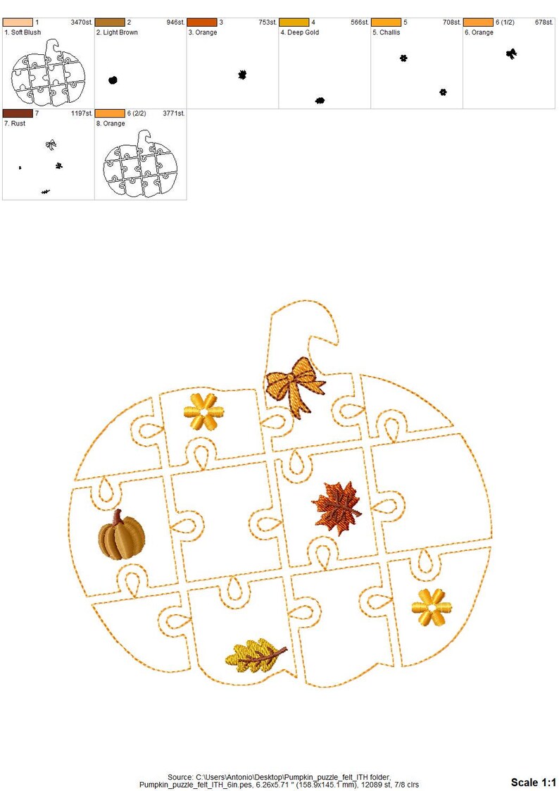 May include: An embroidered pumpkin-shaped puzzle with a bow, pumpkin, and leaf accents. The puzzle pieces are outlined in gold thread, and the design includes various fall-themed elements. The image is a digital embroidery design.