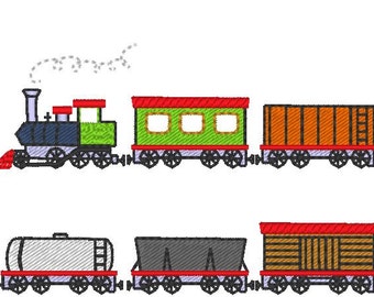 Train avec divers wagons MINI motifs de broderie machine au point de remplissage LOT de 6 wagons différents, broderie de véhicule ferroviaire de locomotive pour garçons