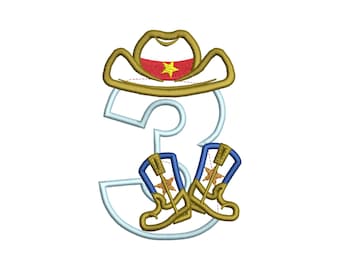 Cowboy Birthday number THREE 3 kicking boots number 3 machine embroidery applique designs for hoop 5x7 sizes 5 and 6 inches INSTANT DOWNLOAD