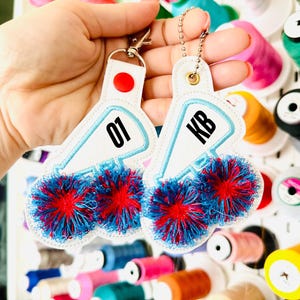 Cheerleader Megaphone Bag Tag for Personalized Name Keychain Eyelet Key Fob Fringe Fluffy Fur In the Hoop Machine Embroidery Designs ITH