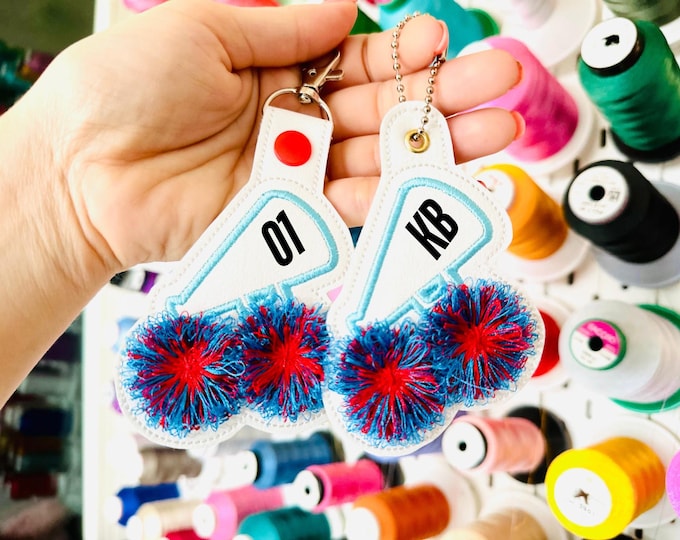 Cheerleader Megaphone Bag Tag for Personalized Name Keychain Eyelet Key Fob Fringe Fluffy Fur In the Hoop Machine Embroidery Designs ITH