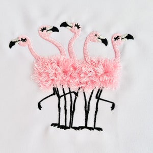Zaktualizowano! 5 frędzlowanych puszystych flamingów, stado 5 flamingów, wzory do haftu maszynowego, flamingi na tamborek, futro frędzli 4x4, 5x7, 6x10