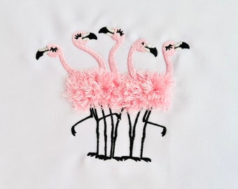 ¡Actualizado! 5 flamencos de chenilla esponjosa con flecos, bandada de 5 flamencos, diseños de bordado a máquina, flamenco para bastidor de 4x4, 5x7, 6x10, piel con flecos.