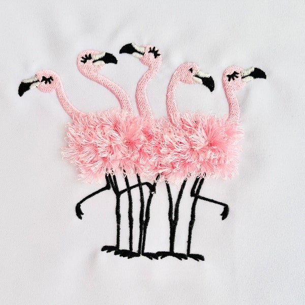 Updated! 5 Fringed fluffy chenille Flamingos flock of 5 flamingos machine embroidery designs flamingo for hoop 4x4, 5x7, 6x10 fringe fur