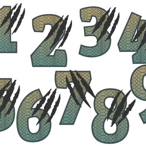 May include: Numbers 1 through 9 are depicted in a green and brown snake skin pattern with black claw marks behind each number.
