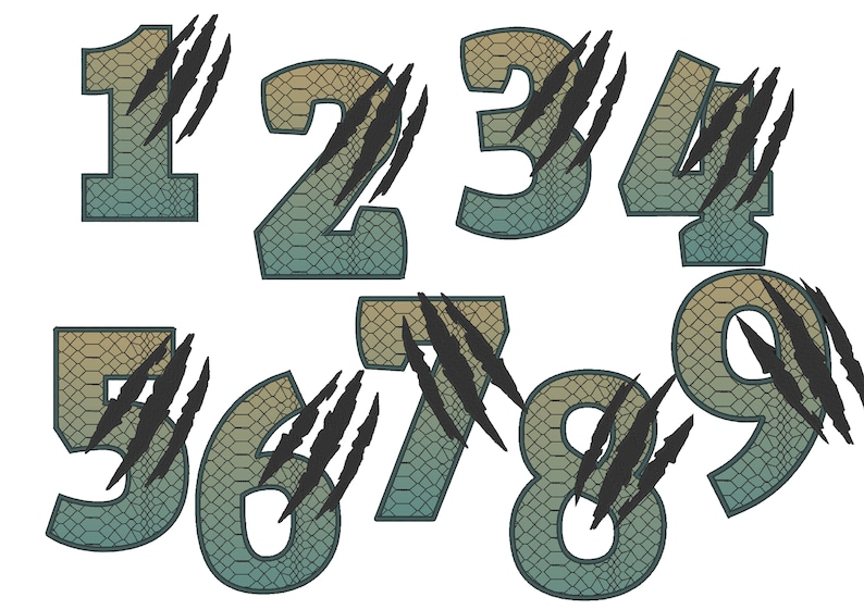 May include: Numbers 1 through 9 are depicted in a green and brown snake skin pattern with black claw marks behind each number.