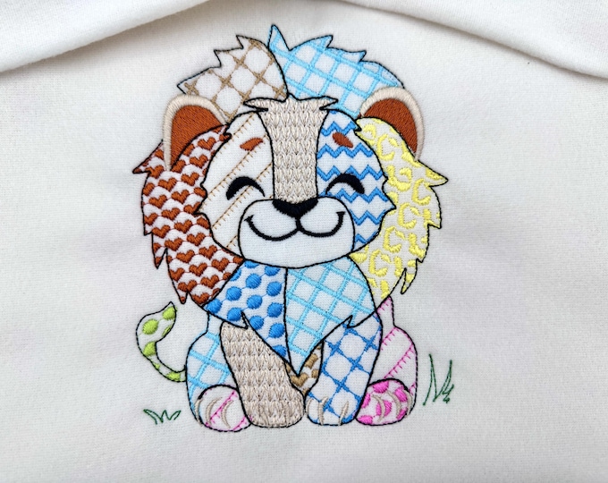 Cute little Patchwork Lion awesome patterned outline animal machine embroidery designs sizes 4 up to 6.5 inches light stitch baby girls boys