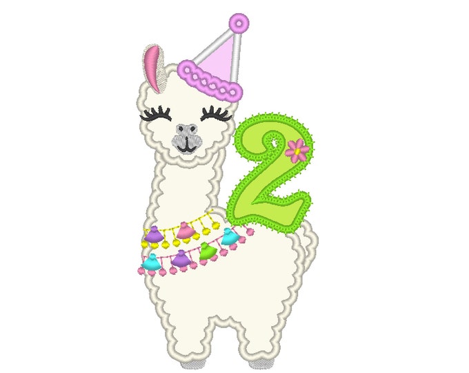 Number 2 TWO birthday Llama alpaca Birthday hat outfit llama with number Applique Design lama machine embroidery designs 5x7 6x10