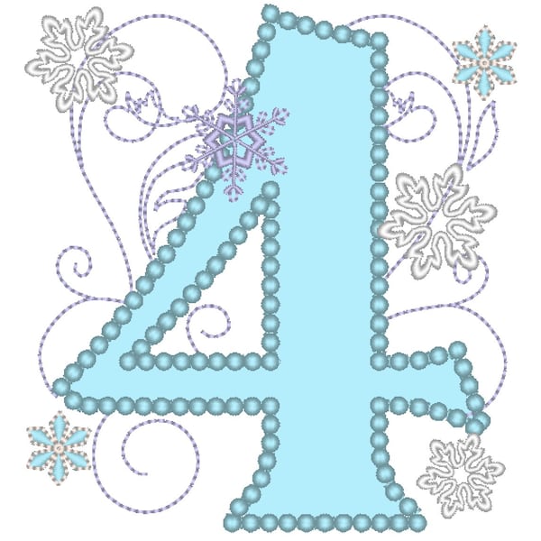 Frozen Swirls Birthday Number FOUR 4 with wide pearl stitch snowflake applique machine embroidery design for hoops 4x4, 5x7 INSTANT DOWNLOAD