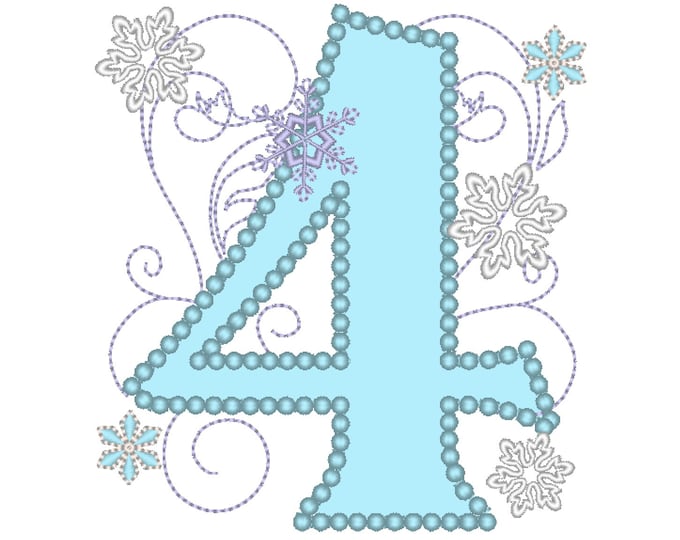 Frozen Swirls Birthday Number FOUR 4 with wide pearl stitch snowflake applique machine embroidery design for hoops 4x4, 5x7 INSTANT DOWNLOAD