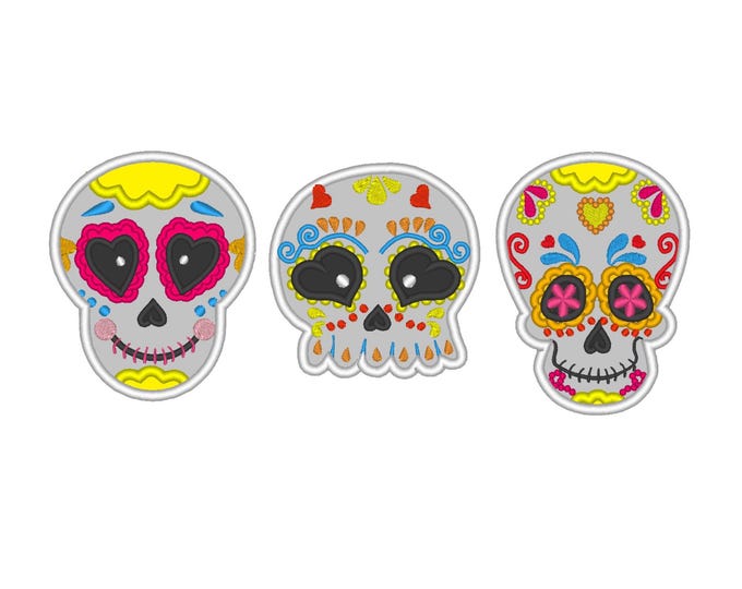 Day of the Dead Calavera multicolored Skull SET of 3 Sugar Skull Applique machine embroidery designs Mexican Mexico decorative skelita