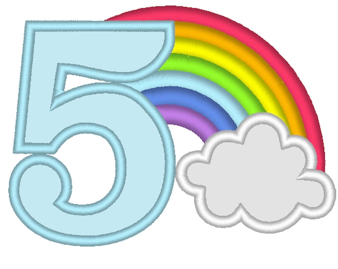 Rainbow in cloud Birthday Number 5 FIVE machine embroidery applique designs assorted sizes, kids children kinder fifth birthday party