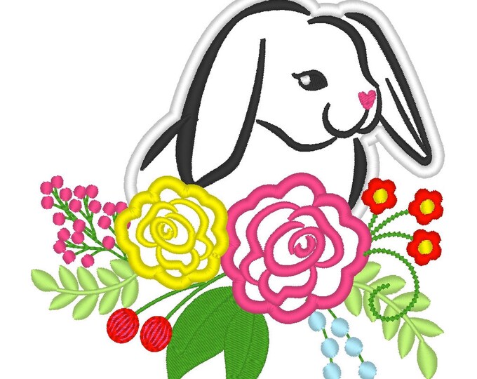 Easter Bunny Floppy Ears garden flower bouquet shabby chic floral Bunny outline Applique Easter Machine embroidery designs sizes 4, 5, 6 in