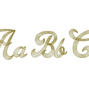 Könnte beinhalten: Ein stilisiertes Schriftdesign mit den Buchstaben A, B und C in kursiver Schrift. Die Buchstaben sind in Gold umrandet und haben eine strukturierte Oberfläche.