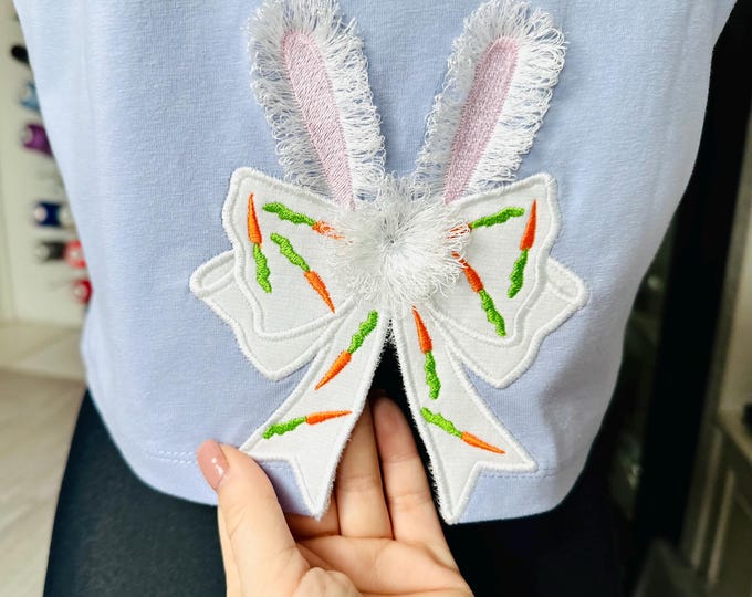 Easter Bunny Bow Fringed fluffy Bunny ears split side seam cutout side bow machine embroidery designs farm animal kids sweatshirt tshirt