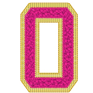 May include: A pink felt letter O with a gold outline. The letter is in a varsity style font.