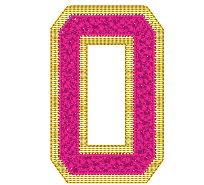 May include: A pink felt letter O with a gold outline. The letter is in a varsity style font.